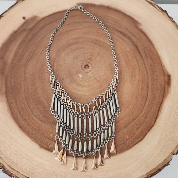 Distressed silver/gold tone Bib Fringe Statement Necklace - Picture 5 of 6
